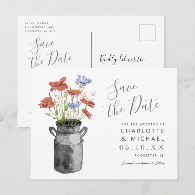 Carte Postale fleur sauvage rustique milkbucket enregistrer la d (Devant / Derrière)