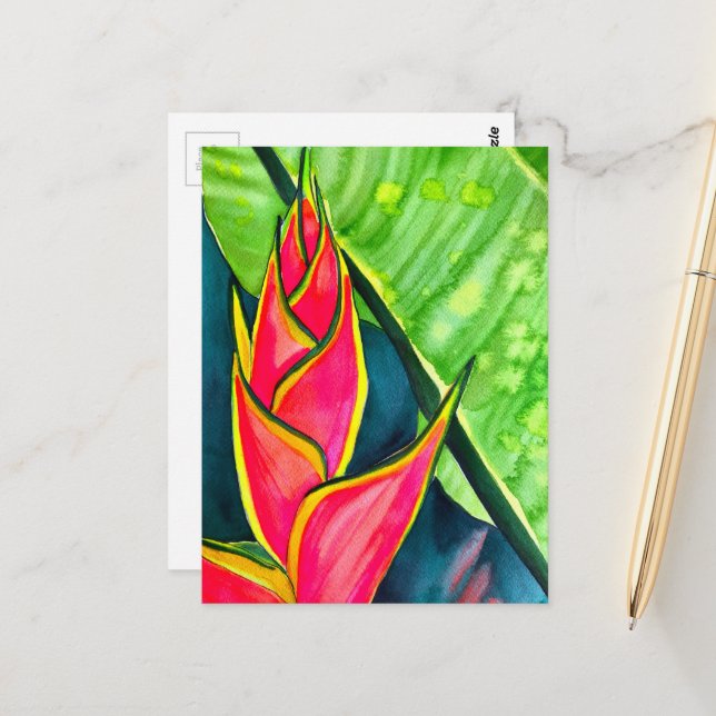 Carte Postale Fleur tropicale héliconia à l'aquarelle (Devant/Arrière en situation)