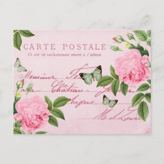 Carte postale fleurie rose vintage aux papillons