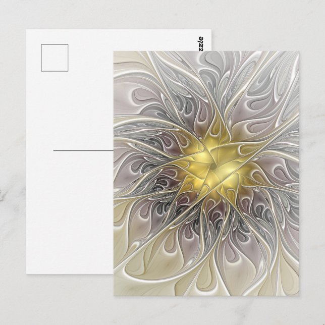 Carte Postale Fleurir Avec Or Moderne Fleur Abstraite Fractale (Devant / Derrière)