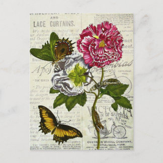 Carte Postale Fleurs anciennes et papillon sur des publicités an