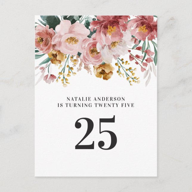 Carte Postale Fleurs aquarelles féminines éditable âge anniversa (Devant)