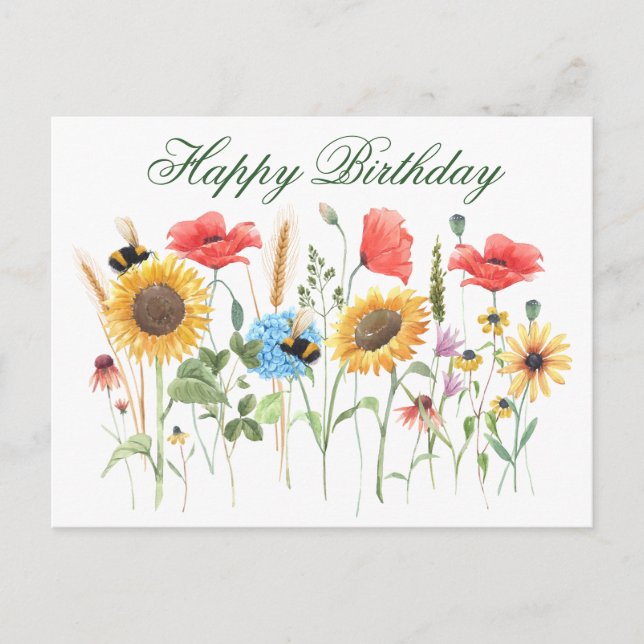 Carte Postale Fleurs aquarelles Joyeux Anniversaire  (Devant)