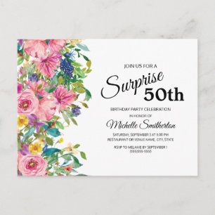 Carte Postale Fleurs aquarelles rose bleu botanique 50e annivers
