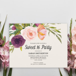Carte Postale Fleurs aquarelles rose et violet sur fond ivoire p