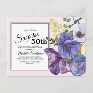 Carte Postale Fleurs aquarelles violettes sur fond rose pour 50e