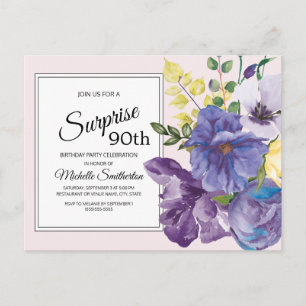 Carte Postale Fleurs aquarelles violettes sur fond rose pour 90e