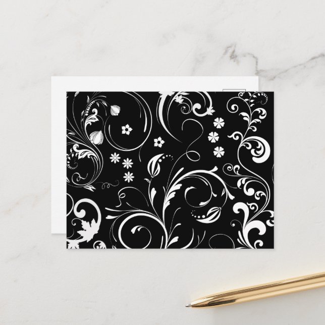 Carte Postale Fleurs blanches, motif de fleurs, noir et blanc (Devant/Arrière en situation)