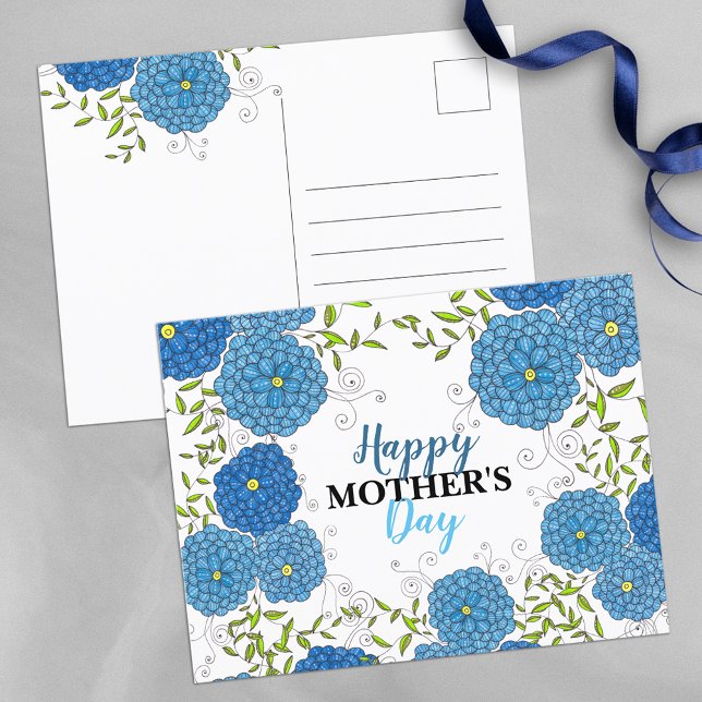 Carte Postale Fleurs Bleues Vibrantes et Fête des Mères Feuilles (Créateur téléchargé)