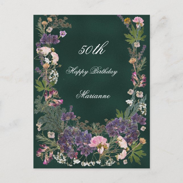 Carte Postale Fleurs Botaniques d'Anniversaire sur Fond Vert For (Devant)