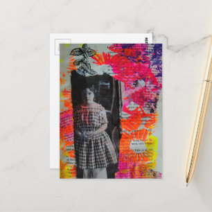 Carte Postale Fleurs Brillantes Enfant Vintage Collage Multimédi