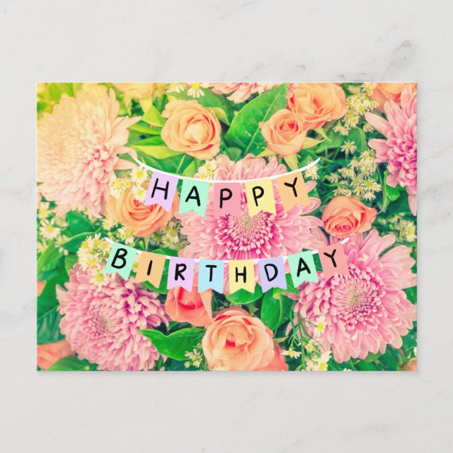 Carte Postale Fleurs d'anniversaire joyeuses - Filles roses et R (Devant)