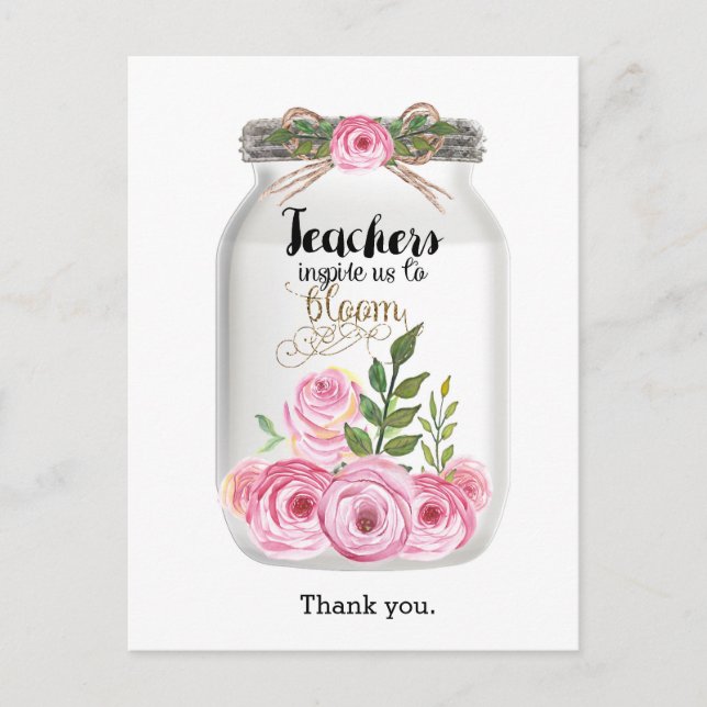 Carte Postale Fleurs dans un pot Mason Merci Professeur (Devant)