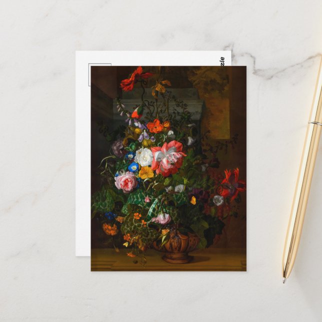Carte Postale Fleurs dans une Urne sur une haie de pierre, 1680  (Devant/Arrière en situation)