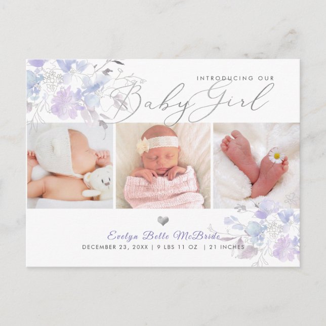 Carte Postale Fleurs d'aquarelle bleu Liliac Dusty, Naissance de (Devant)