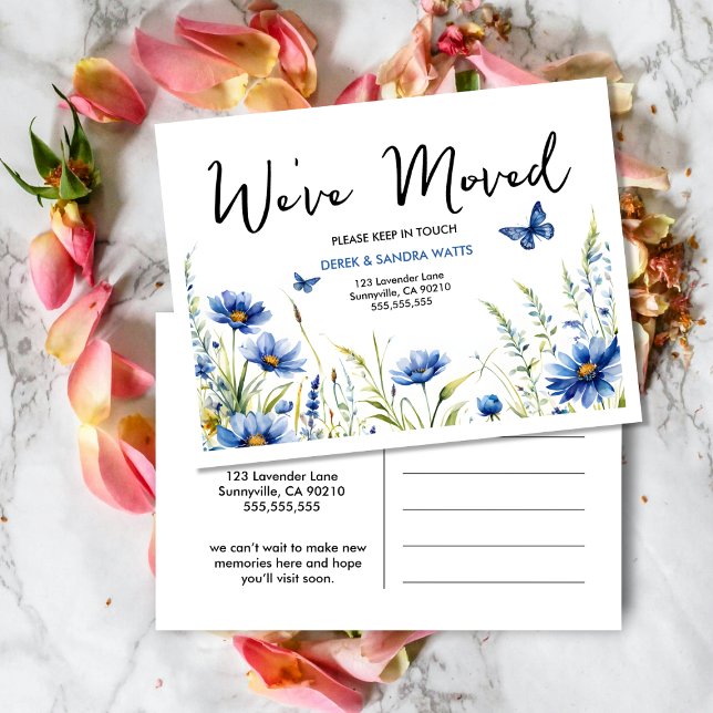 Carte Postale Fleurs d'aquarelle bleue et papillons | Changement (Créateur téléchargé)