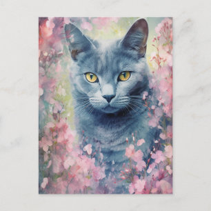 Carte Postale Fleurs d'aquarelle de chat bleu russe