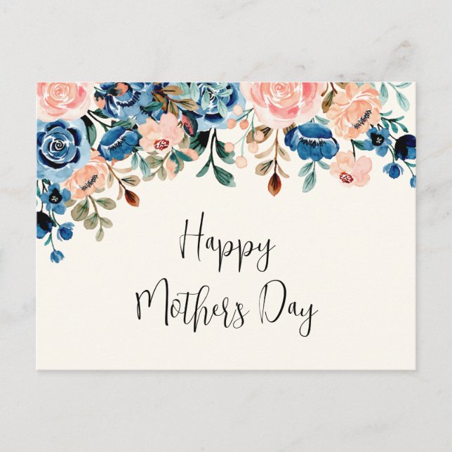 Carte Postale Fleurs d'aquarelle rose et bleu Fête des mères (Devant)
