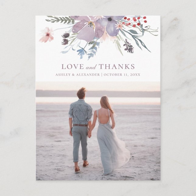 Carte Postale Fleurs d'aquarelle violet. Amour et remerciements  (Devant)