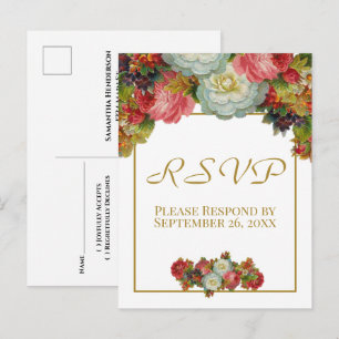 Carte Postale Fleurs d'automne vintage or mariage RSVP