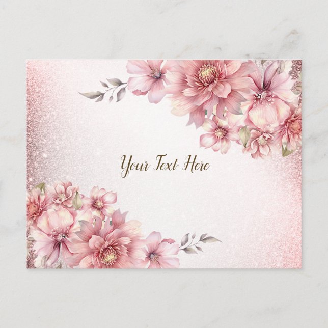 Carte Postale Fleurs de aquarelle rose moderne pailleté brillant (Devant)