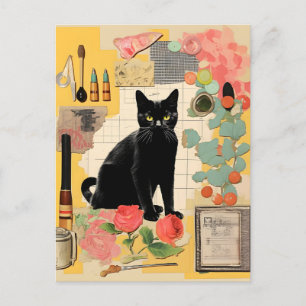 Carte Postale Fleurs de chat noir Retro Collage