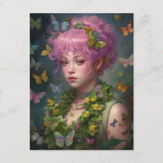 Carte Postale Fleurs de cheveux pourpres et femme papillon (Devant)