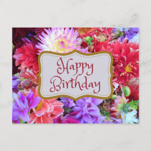 Carte Postale Fleurs de dahlia colorées vibrantes Joyeux Anniver