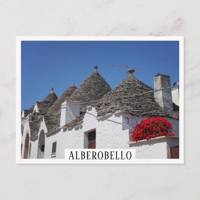 Carte Postale Fleurs de géranium et maisons de trulli à Alberobe (Devant)