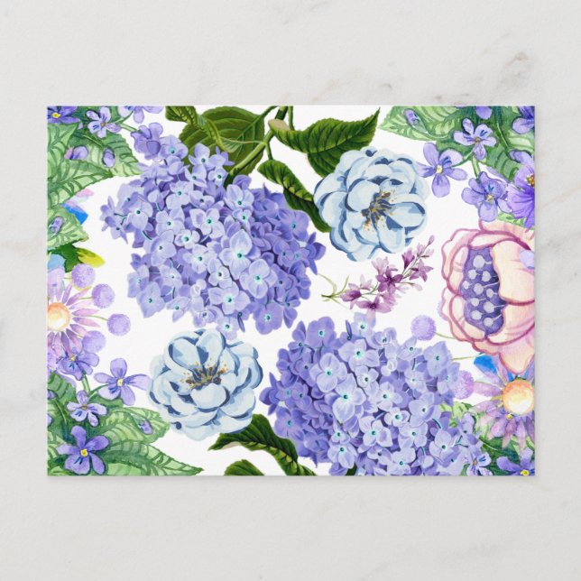 Carte Postale Fleurs de jardin aquarelle violet, rose et bleu  (Devant)