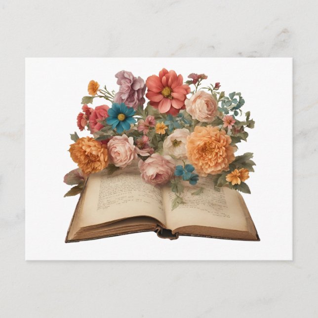 Carte Postale Fleurs de jardin et vieux livre de collection  (Devant)