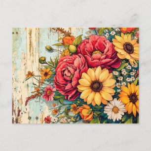 Carte Postale Fleurs de jardin rouges et jaunes sur bois