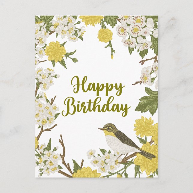 Carte Postale Fleurs de joyeux anniversaire et oiseau Nature bot (Devant)