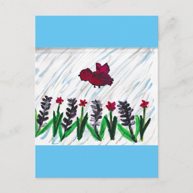 Carte Postale Fleurs de lavande aux oiseaux rouges (Devant)