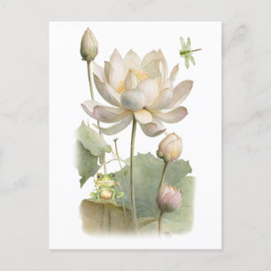 Carte Postale Fleurs de lotus à l'aquarelle, grenouille et libel