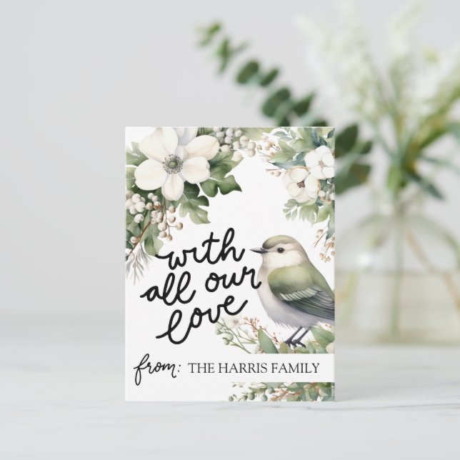 Carte Postale Fleurs de Noël personnalisées et oiseaux - Tout no (Debout devant)
