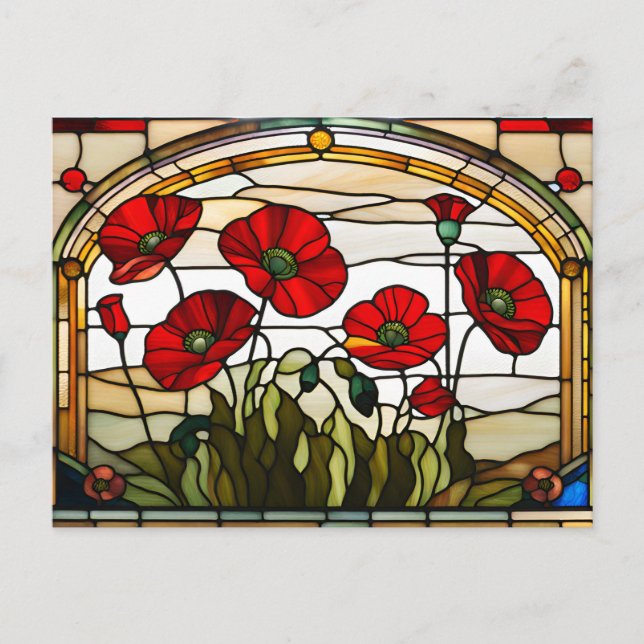 Carte Postale Fleurs de pavot rouge vitrail  (Devant)