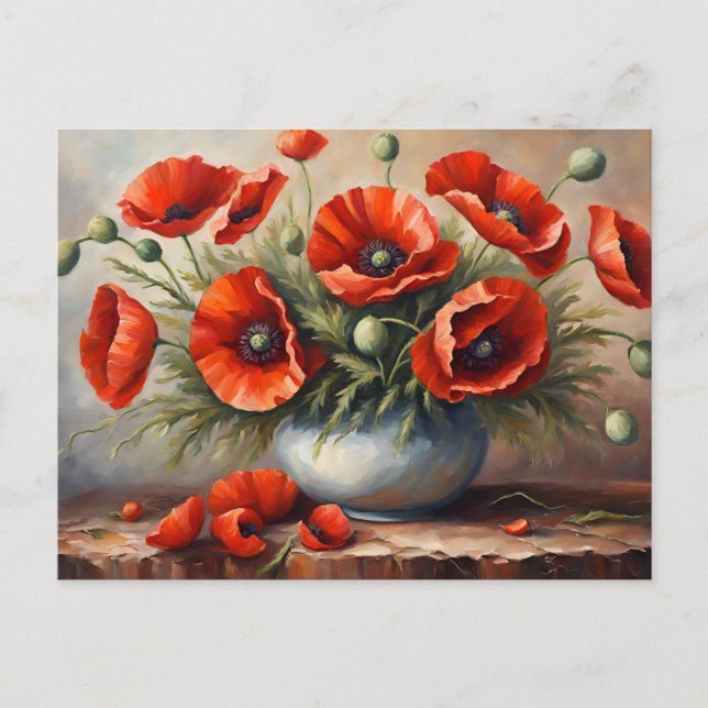 Carte Postale Fleurs de pavot rouges dans un vase bleu (Devant)