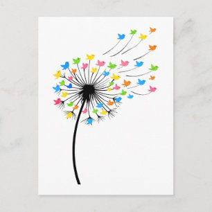 Carte Postale Fleurs de pissenlit en vol d'oiseaux colorés