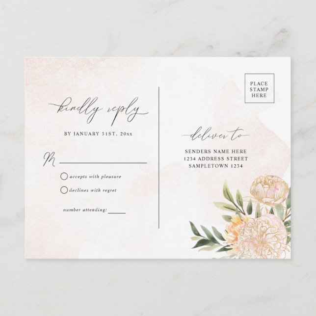 Carte Postale Fleurs de pivoine et d'or RSVP (Dos)