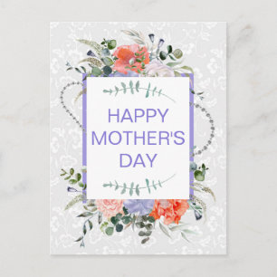 Carte Postale Fleurs de printemps corail et fleurs violettes Fêt
