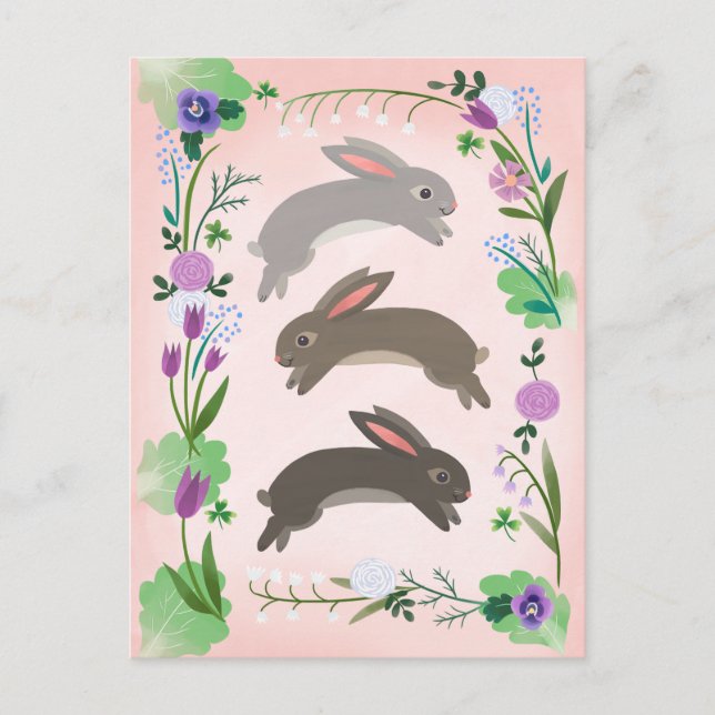 Carte Postale Fleurs de printemps et lapins bondissants | (Devant)