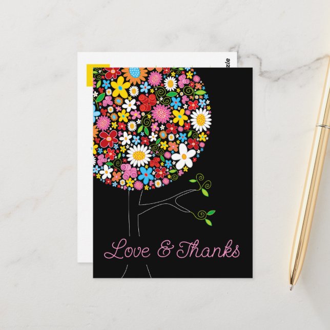 Carte Postale Fleurs de printemps Whimsical Pop Tree Chic Merci (Devant/Arrière en situation)