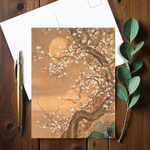 Carte Postale Fleurs de prune rose et blanche au clair de lune, 