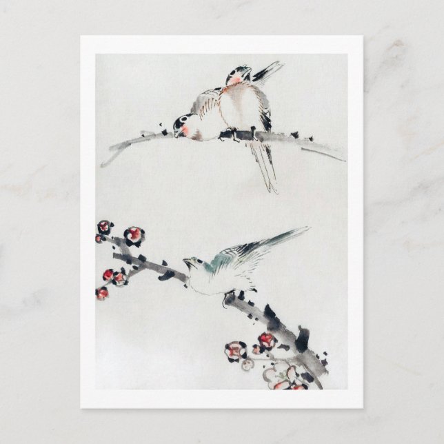Carte Postale Fleurs de prunes et oiseaux, Hokusai, Ukiyo-e (Devant)