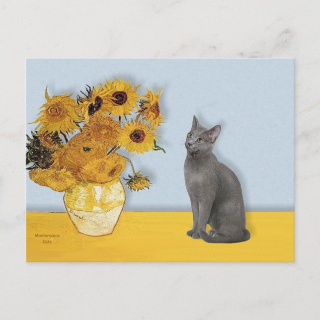 Carte Postale Fleurs de soleil - chat bleu russe (Devant)