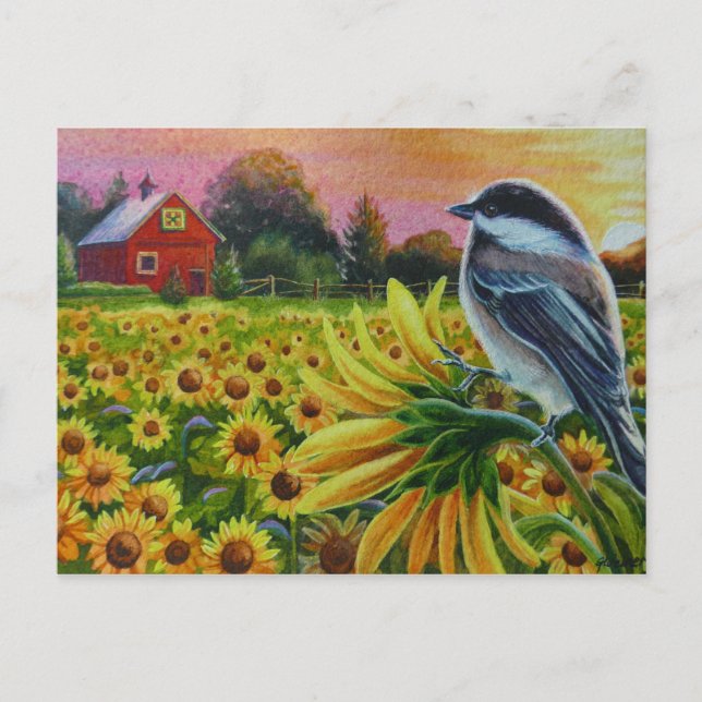 Carte Postale Fleurs de soleil d'oiseaux de poule Rouge Barne d' (Devant)