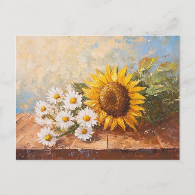 Carte Postale Fleurs de soleil et marguerites sur table rustique (Devant)