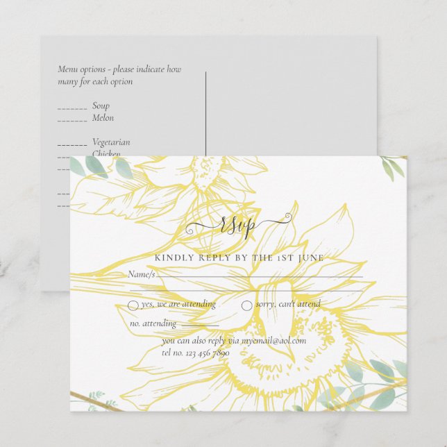 Carte Postale Fleurs de soleil modernes Mariage d'or Sage (Devant / Derrière)