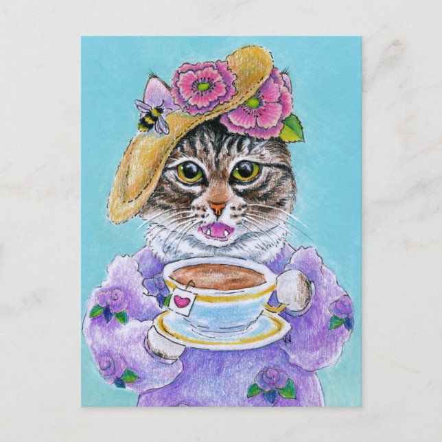 Carte Postale Fleurs de thé de chat mignonne Bee Valentine's Day (Devant)
